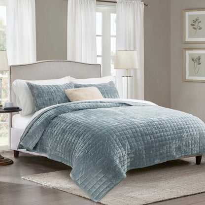 RECYCO Channel Box Stitch Velvet Quilt Set, King Size, Beige
