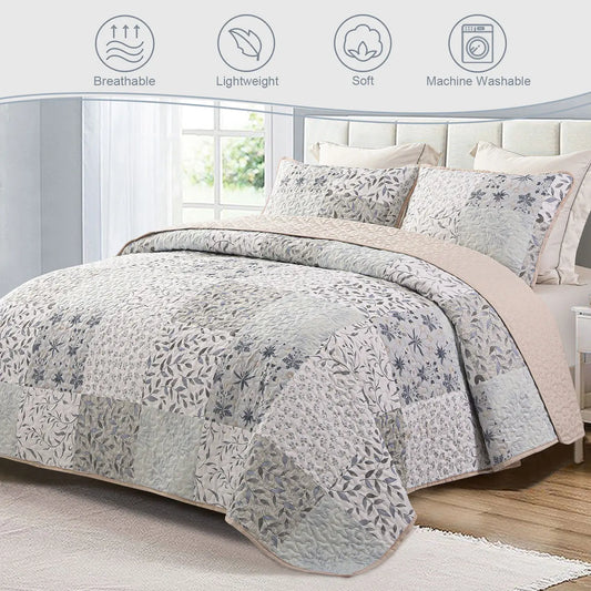 【SohoChic】Exclusivo Mezcla Reversible Boho Quilt Set, 3 Pieces Plaid Patchwork All Season Bedspreads, Ultra Soft Floral Coverlet Bedding Set with Printed Pattern (1 Quilt, 2 Pillow Shams)