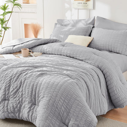 Queen Comforter Set - 7PCS Bed in a Bag, Seersucker Bedding Set, Dark Grey