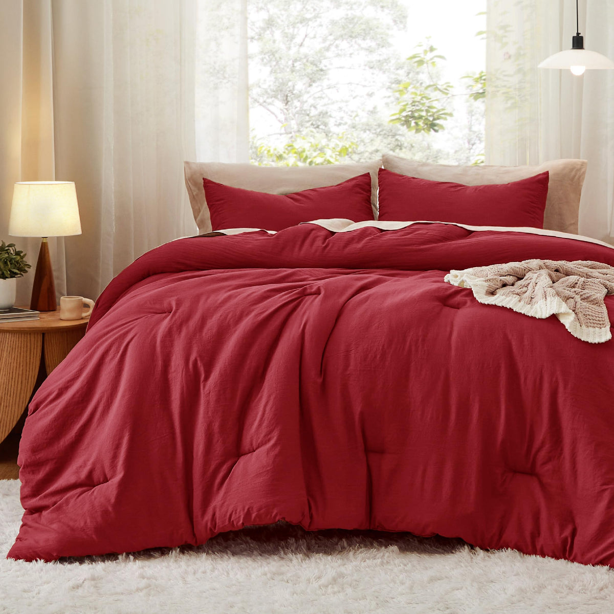 Bedsure Queen Comforter Set Prewashed Soft Bedding Set 3Pcs Beige 90"x90"