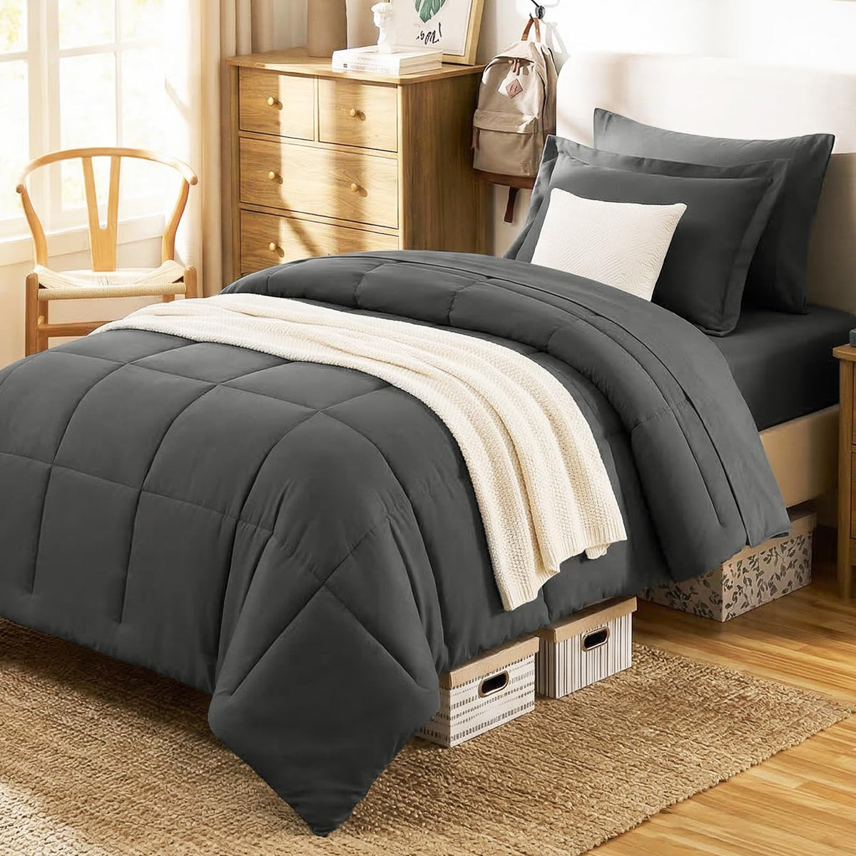 CozyLux Queen Comforter Set, 7-Piece Bed in a Bag, Black