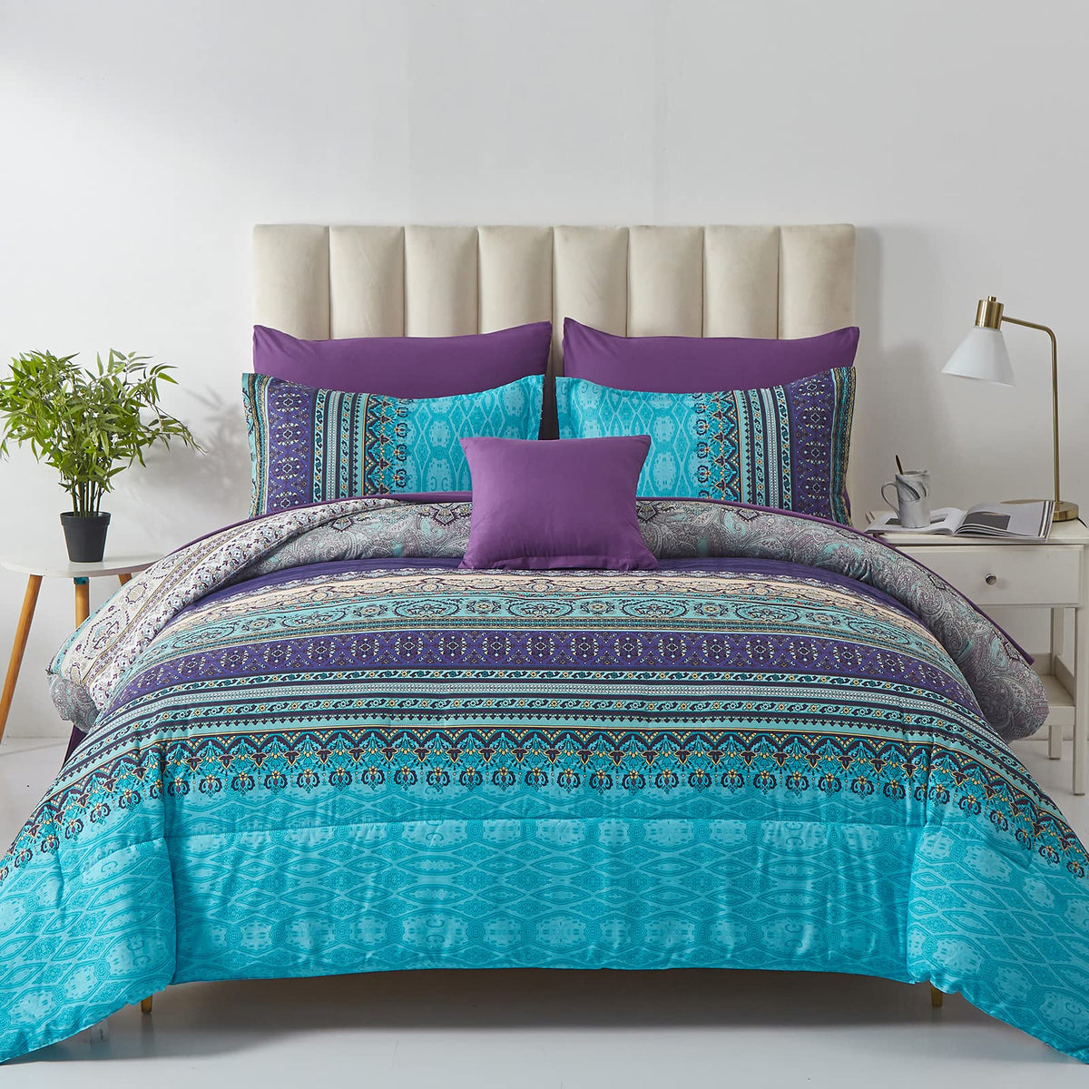 Cottolester Boho Comforter Set Queen Size 8 Piece Bed in a Bag Bohemian Striped Bedding Quilt Set Aqua Paisley Floral Comforter and Sheet Set,Soft Microfiber Complete Bedding Sets for All Season