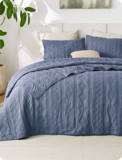 Bedsure PureWoven 100% Cotton Quilt Set Queen Size, Embroidery, Linen Beige