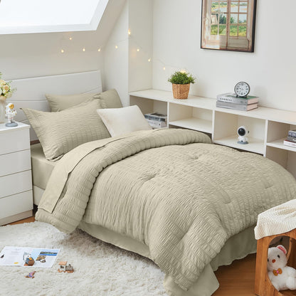 Queen Comforter Set - 7PCS Bed in a Bag, Seersucker Bedding Set, Dark Grey