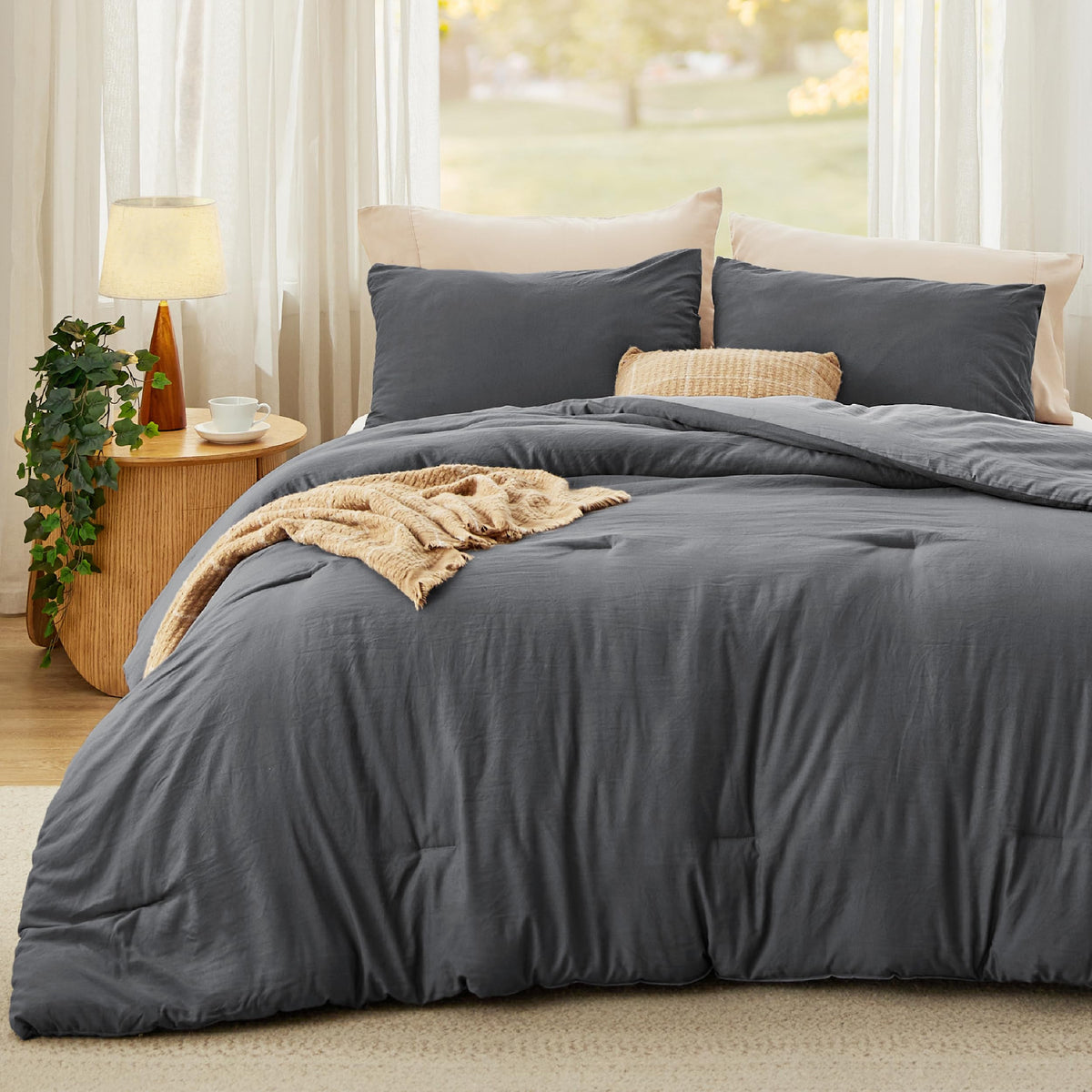 Bedsure Queen Comforter Set Prewashed Soft Bedding Set 3Pcs Beige 90"x90"
