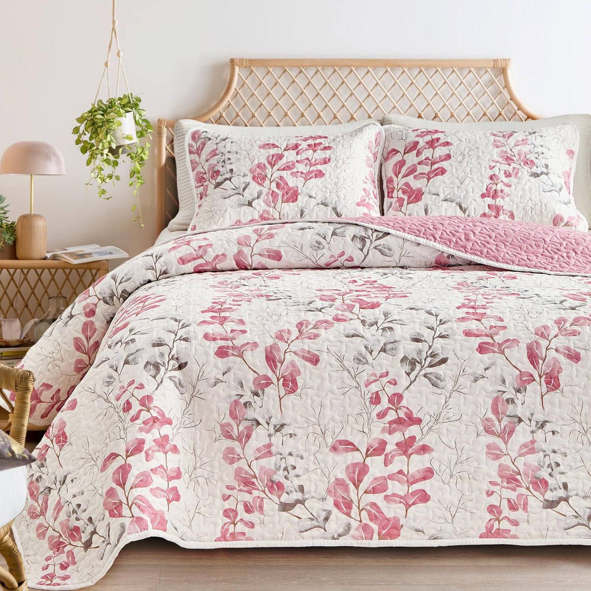Flysheep Reversible Quilt Set Full Queen Size, 3 Pieces White Blue Botanical Floral Printed Summer Bedding Set, Soft Microfiber Lightweight Bedspread/Coverlet for All Season - 92"x90"