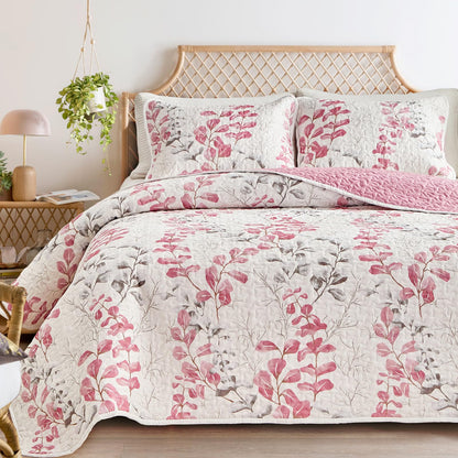 Flysheep Reversible Quilt Set Full Queen Size, 3 Pieces White Blue Botanical Floral Printed Summer Bedding Set, Soft Microfiber Lightweight Bedspread/Coverlet for All Season - 92"x90"