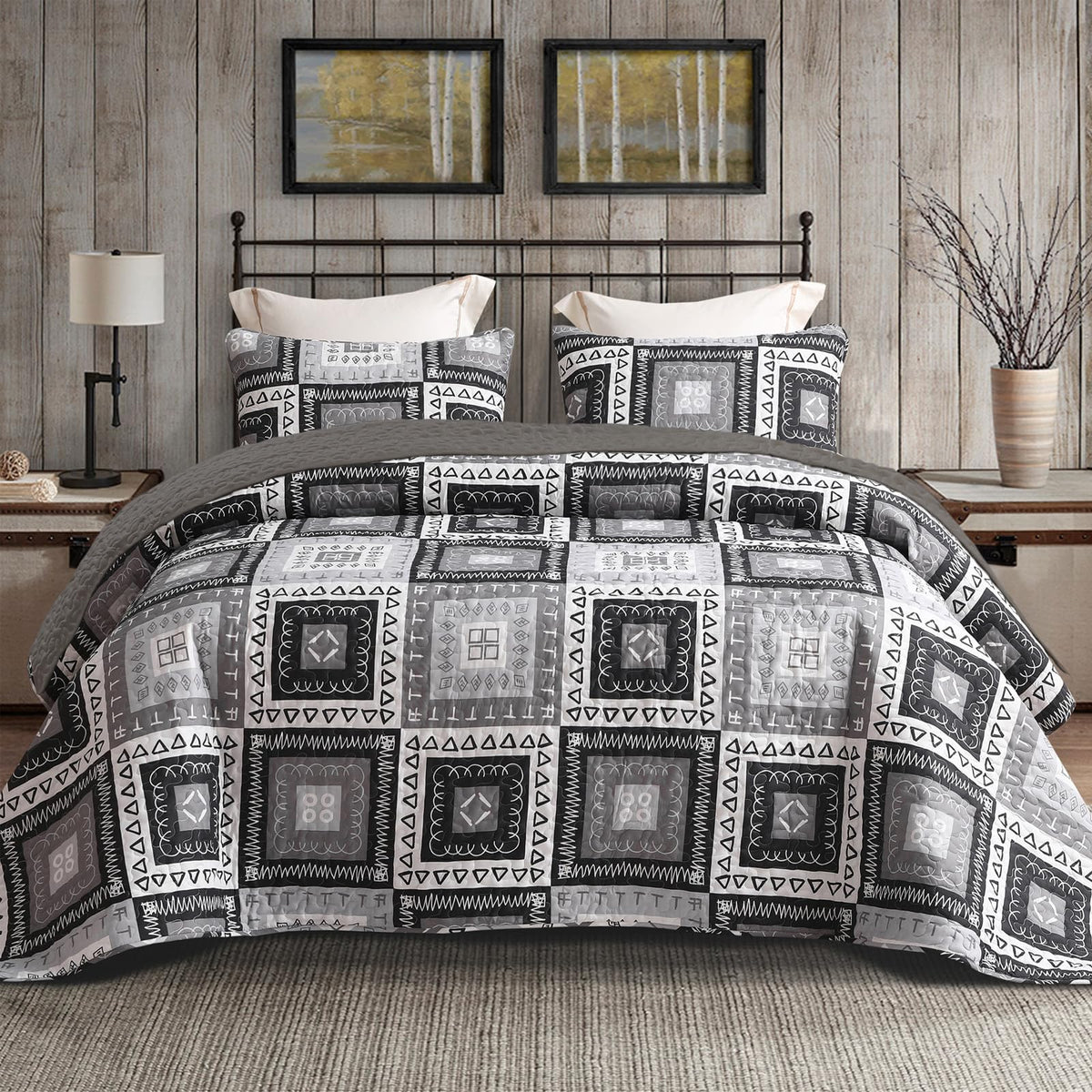 Exclusivo Mezcla Reversible Boho Quilts Queen Size Gray