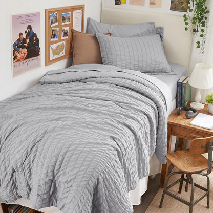 Queen Comforter Set - 7PCS Bed in a Bag, Seersucker Bedding Set, Dark Grey