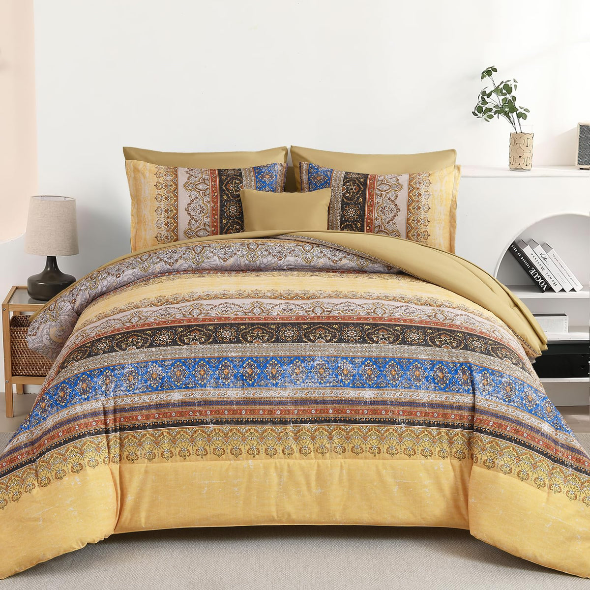Cottolester Boho Comforter Set Queen Size 8 Piece Bed in a Bag Bohemian Striped Bedding Quilt Set Aqua Paisley Floral Comforter and Sheet Set,Soft Microfiber Complete Bedding Sets for All Season