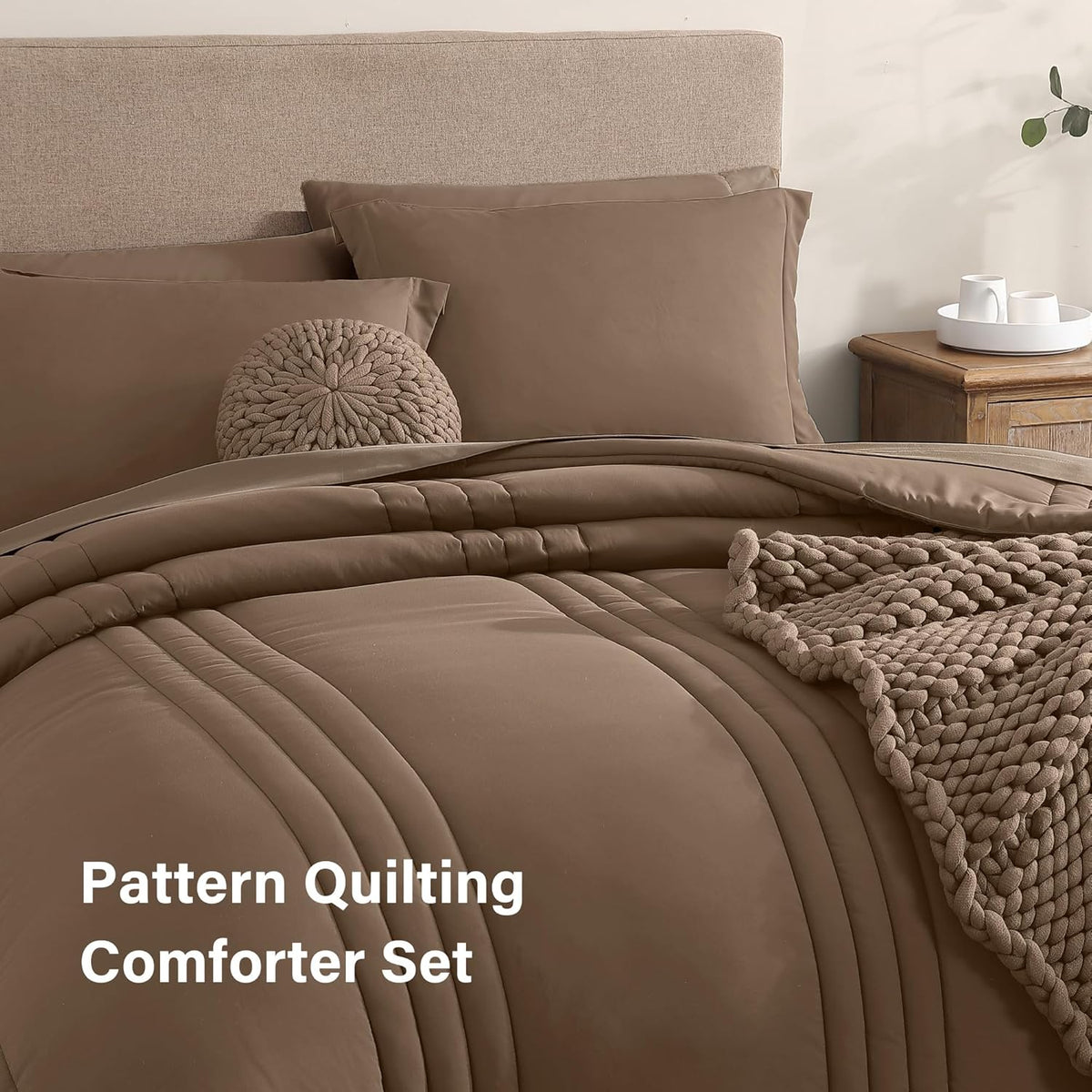 King Size Comforter Set-7 Pieces Brown Soft Bed in a Bag King Bedding Sets
