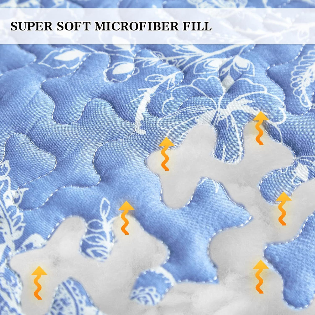 Flysheep Reversible Quilt Set Full Queen Size, 3 Pieces White Blue Botanical Floral Printed Summer Bedding Set, Soft Microfiber Lightweight Bedspread/Coverlet for All Season - 92"x90"