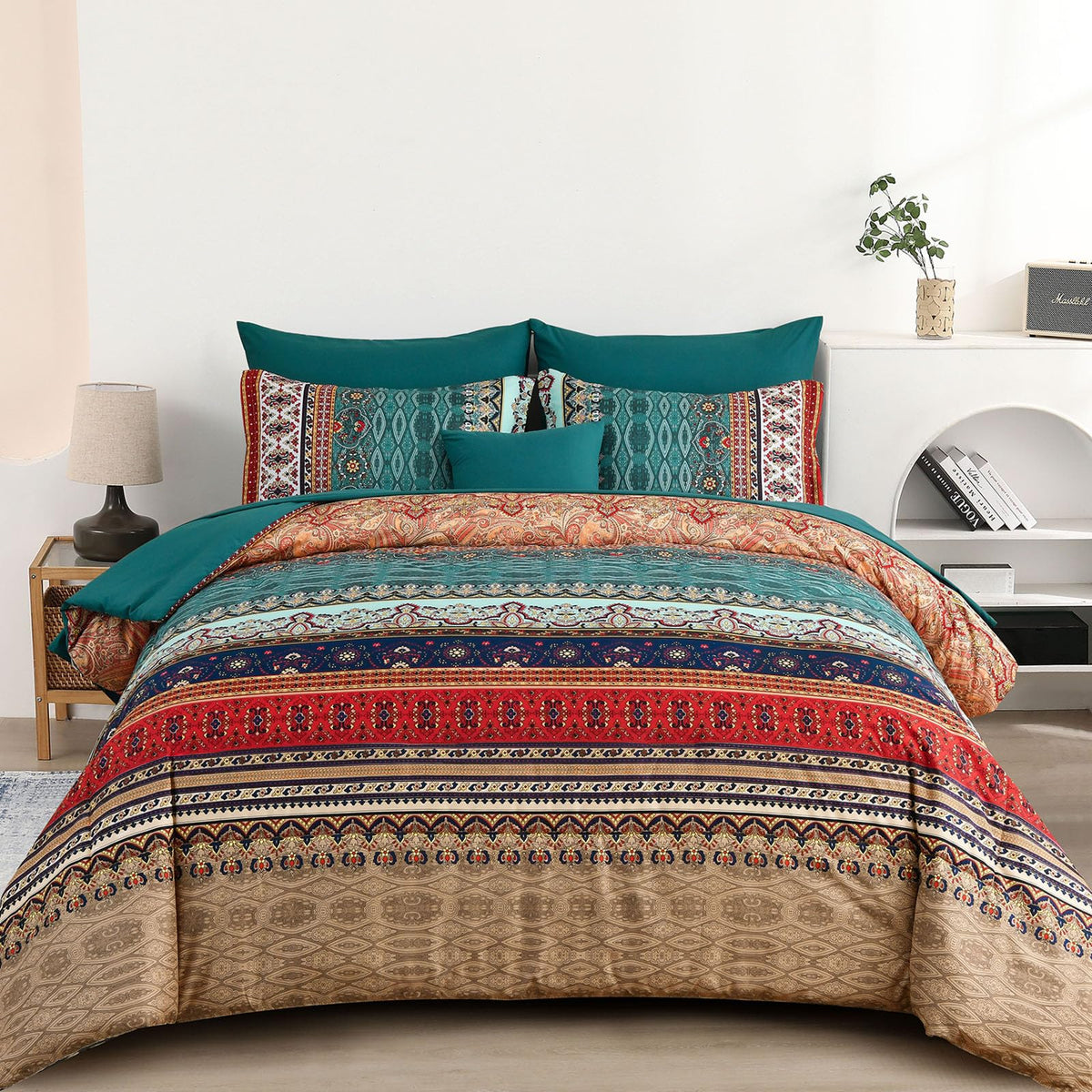 Cottolester Boho Comforter Set Queen Size 8 Piece Bed in a Bag Bohemian Striped Bedding Quilt Set Aqua Paisley Floral Comforter and Sheet Set,Soft Microfiber Complete Bedding Sets for All Season