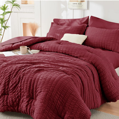 Queen Comforter Set - 7PCS Bed in a Bag, Seersucker Bedding Set, Dark Grey