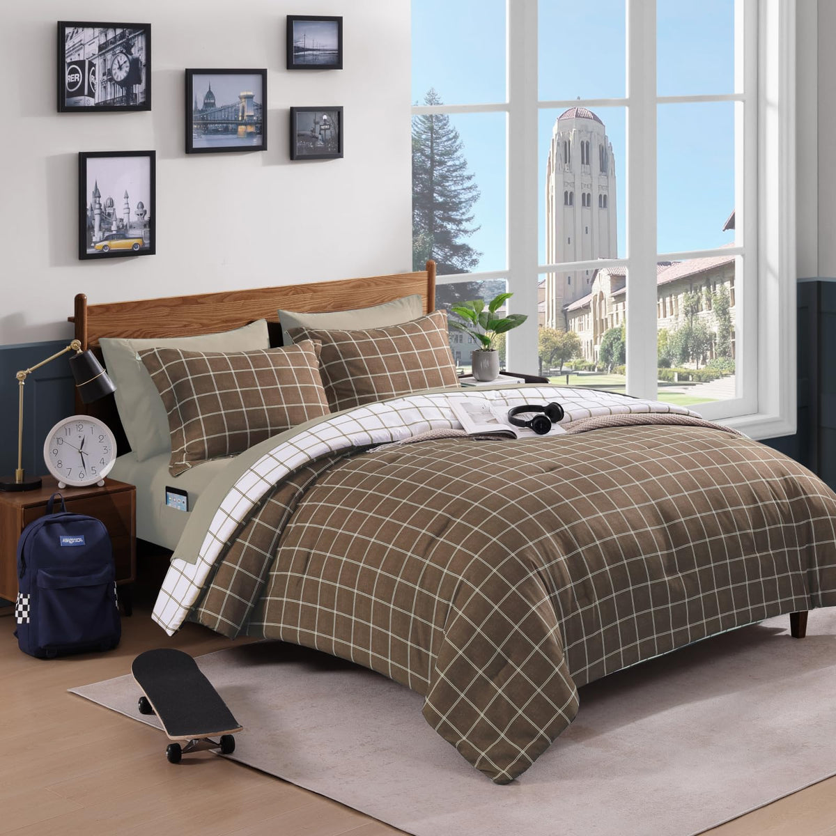 Plaid Full Size Comforter Set Blue Grey 7 Pieces Farmhouse Bed in a Bag