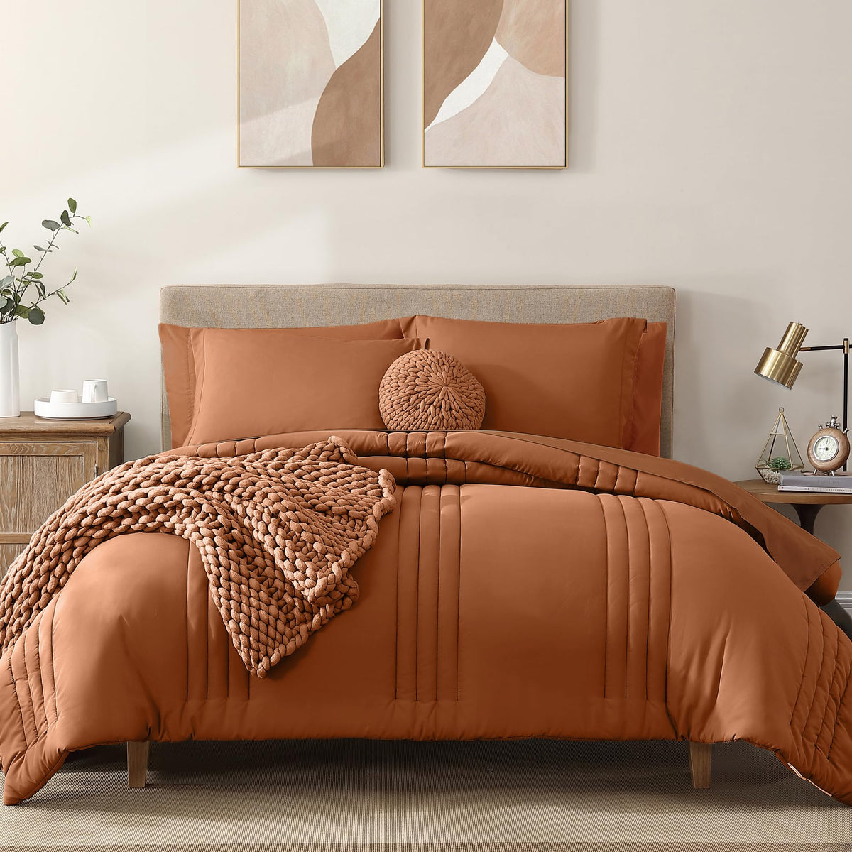 King Size Comforter Set-7 Pieces Brown Soft Bed in a Bag King Bedding Sets