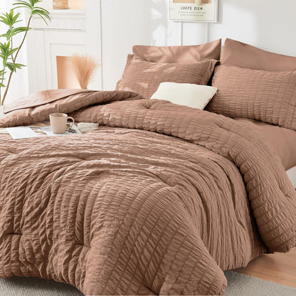 Queen Comforter Set - 7PCS Bed in a Bag, Seersucker Bedding Set, Dark Grey