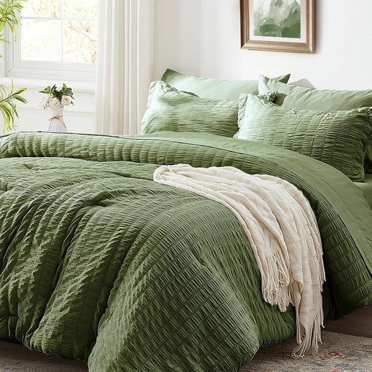 Zzlpp Queen Comforter Set 7 Piece, Green Bed in a Bag Queen Bedding Sets
