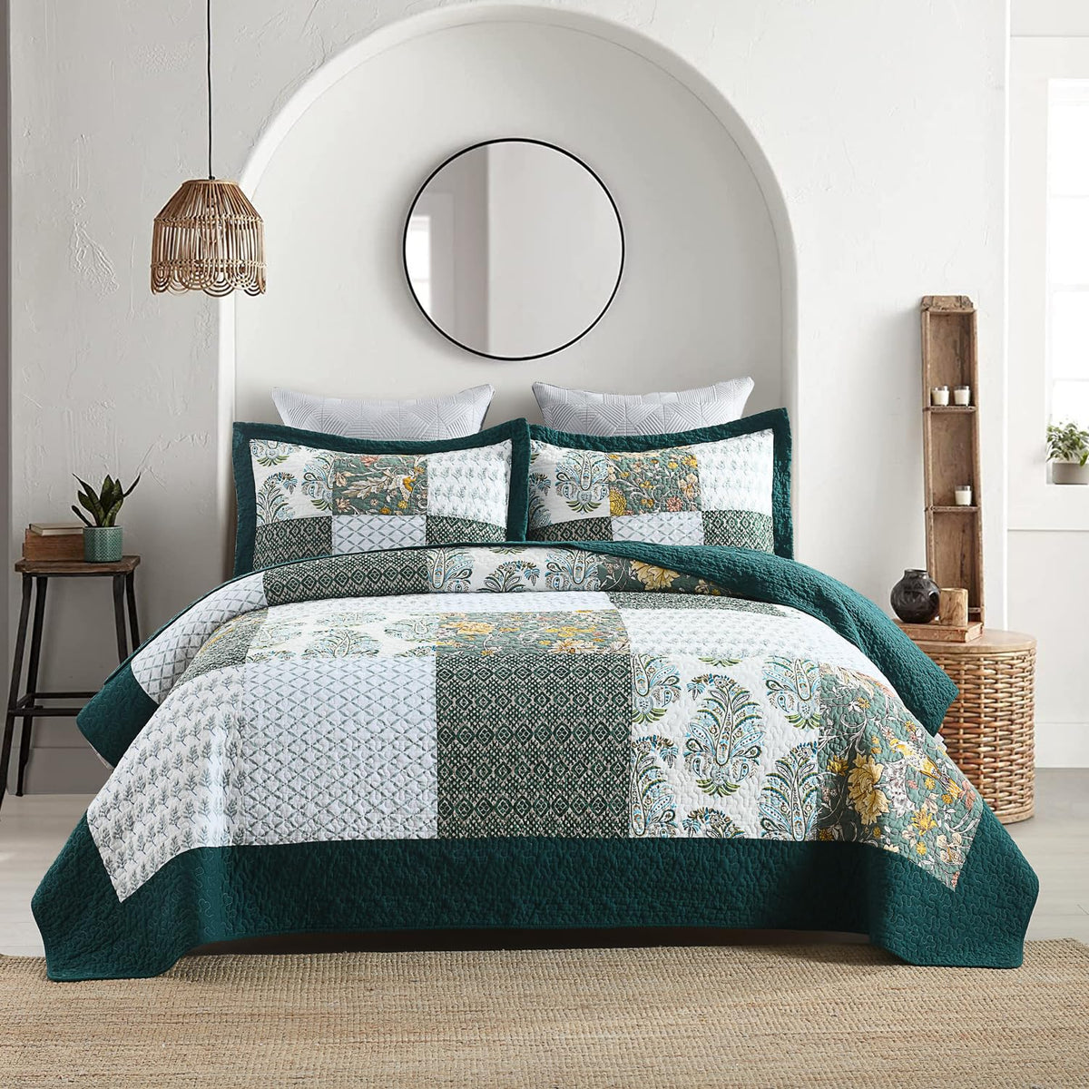 Secgo King Size Comforter Set- 100% Cotton Quilt King Size Set, Green, Sage bedspreads (96 * 108 Inch) with 2 Pillow Shams, Patchwork Reversible Lightweight Bedding