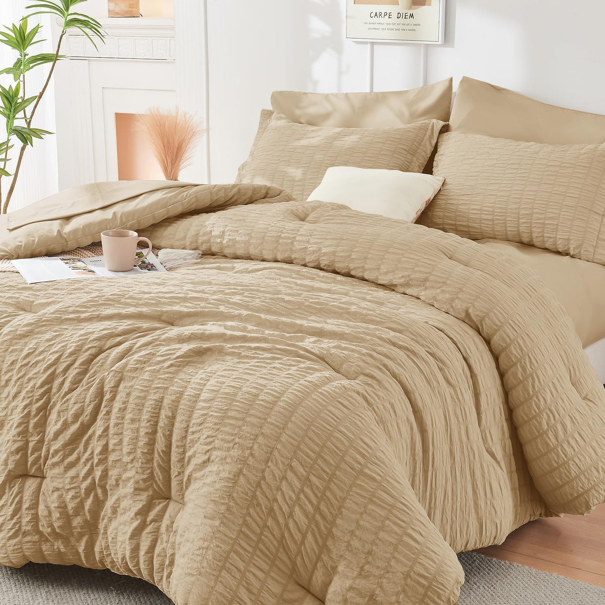 King Comforter Set - 7PCS Bed in a Bag, Seersucker Bedding Set, Dark Grey