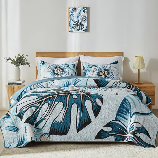 Yogeneg Queen Quilt Bedding Set,White Green Botanical Pattern Light Blue Full/Queen Quilt Set,3 Piece Lightweight Soft Summer Bedspread Coverlet with 2 PIillow Shams,All Season(Light Blue,90"x96")