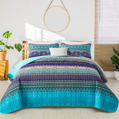 WONGS BEDDING Boho King Quilt Bedding Set, 3 Pieces Soft Bedspread,Blue