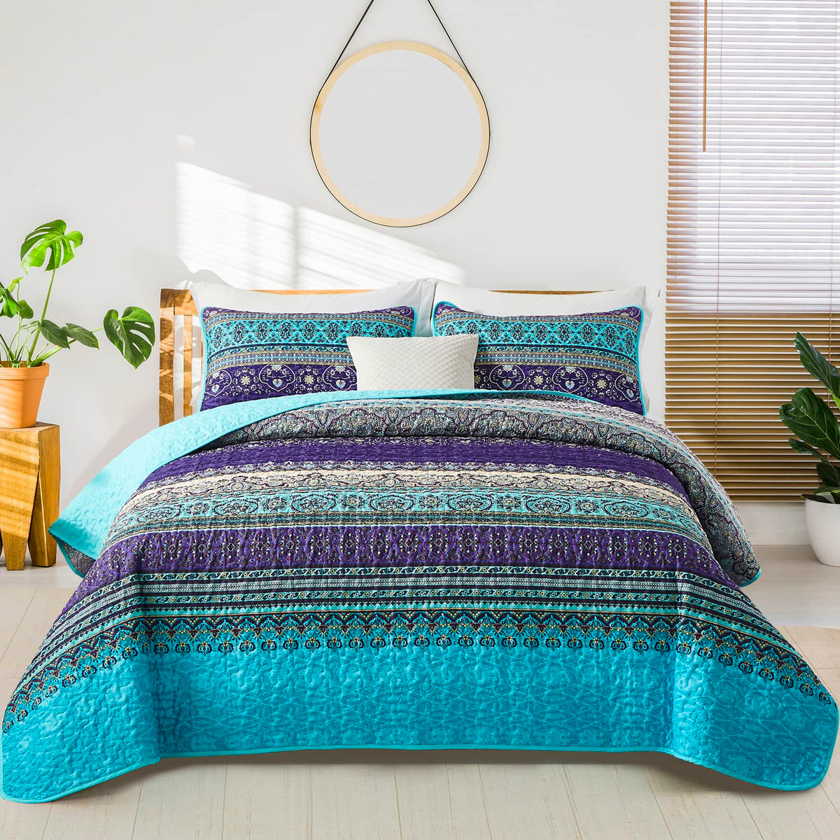 WONGS BEDDING Boho King Quilt Bedding Set, 3 Pieces Soft Bedspread,Blue