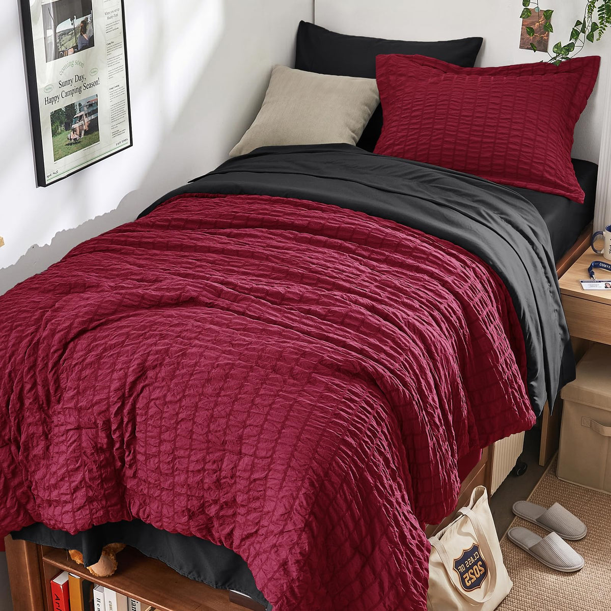 King Comforter Set - 7PCS Bed in a Bag, Seersucker Bedding Set, Dark Grey
