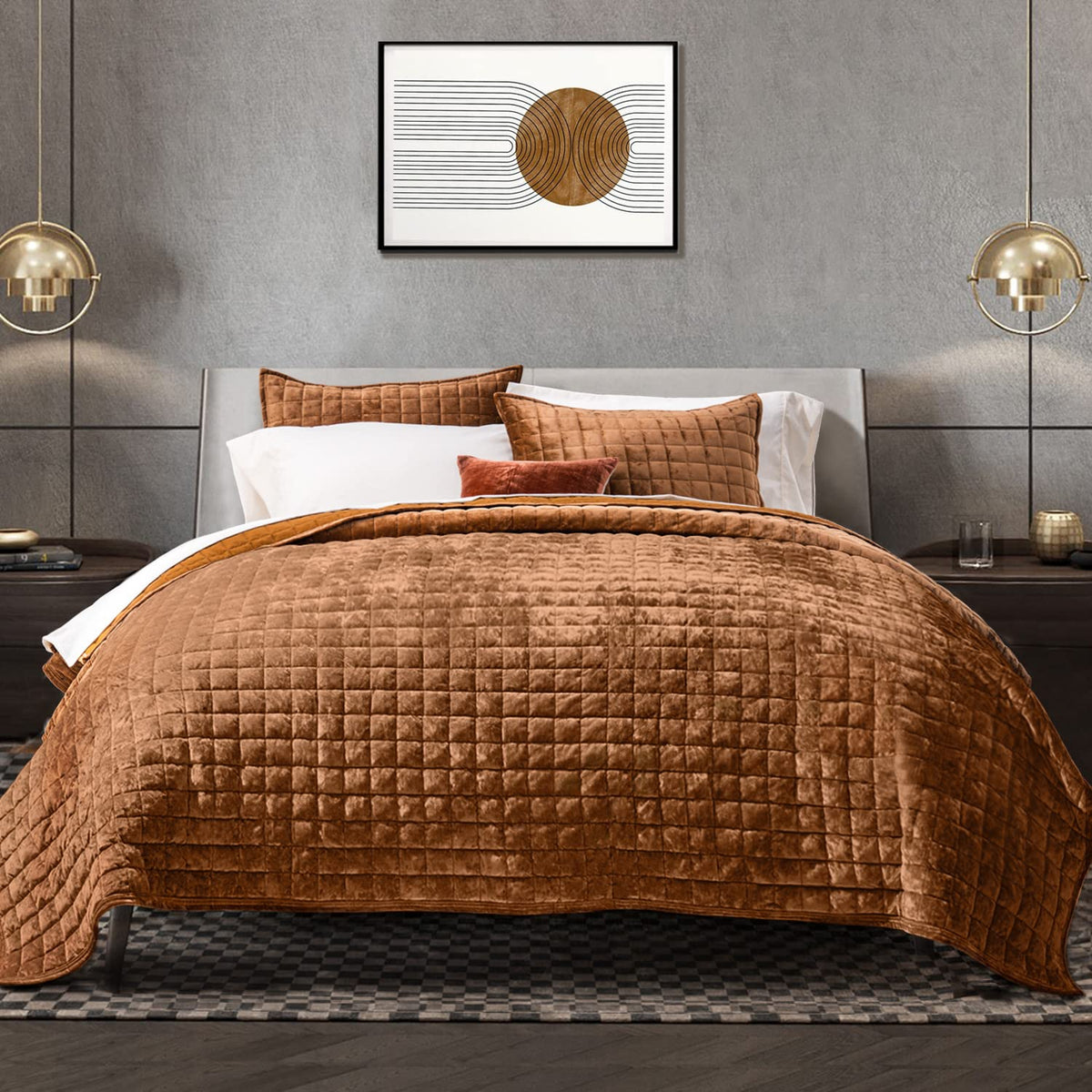 RECYCO Channel Box Stitch Velvet Quilt Set, King Size, Beige