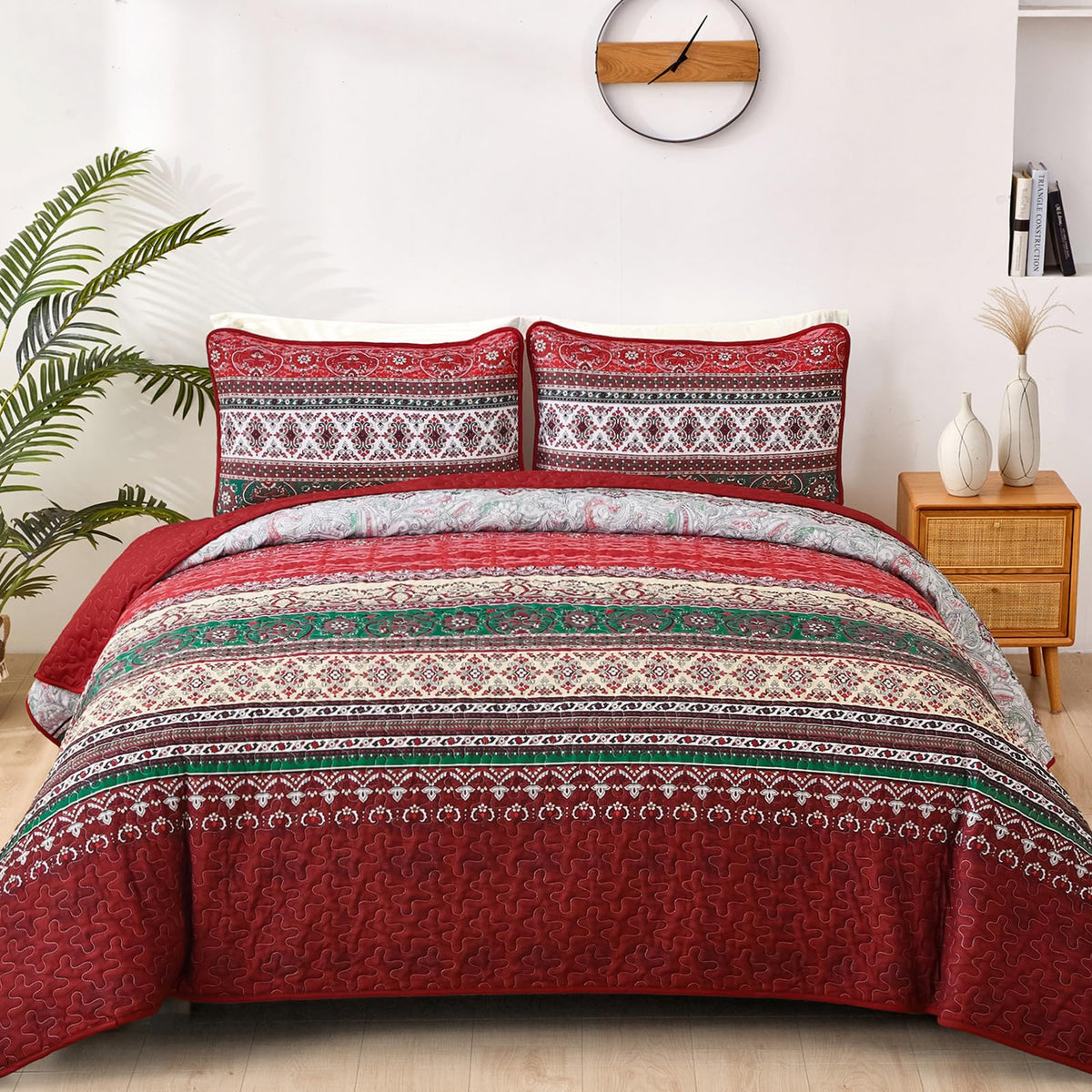 WONGS BEDDING Boho King Quilt Bedding Set, 3 Pieces Soft Bedspread,Blue