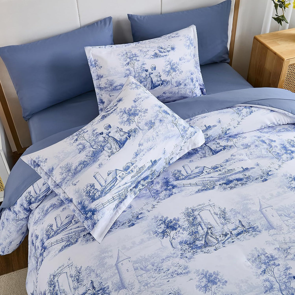 WONGS BEDDING Blue Queen Comforter Set, 7 Pieces Bed in a Bag French Toile Comforter with Sheets, Soft Lightweight Microfiber Botanical Complete Queen Size Bedding Set for All Season