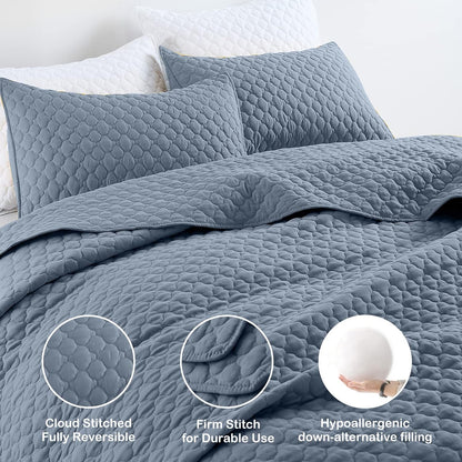 HORIMOTE HOME Quilt Queen Size Dusty Blue, Lightweight Quilts for Summer Ultra-Soft Microfiber Modern Style Quilted Clouds Pattern Bedspread Quit Set 3 Pieces(1 Quilt and 2 Pillow Shams)