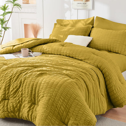 King Comforter Set - 7PCS Bed in a Bag, Seersucker Bedding Set, Dark Grey
