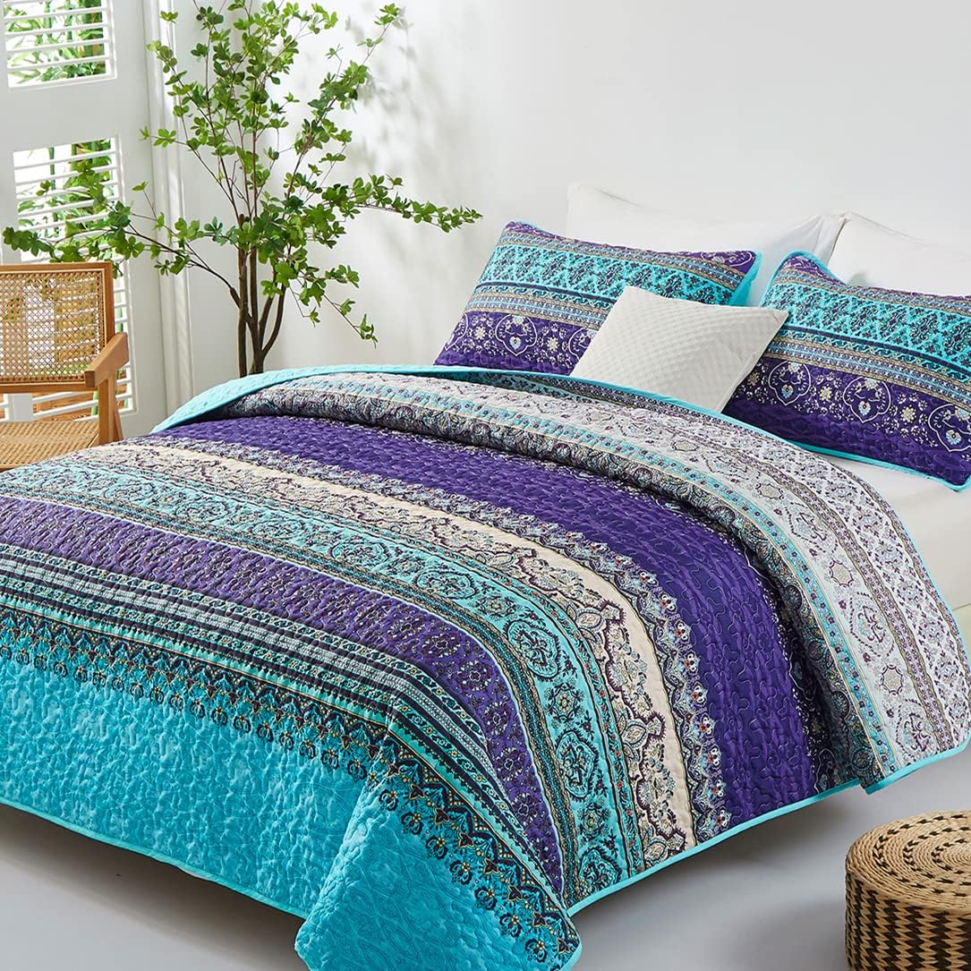 WONGS BEDDING Boho King Quilt Bedding Set, 3 Pieces Soft Bedspread,Blue