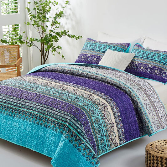 WONGS BEDDING Boho King Quilt Bedding Set, 3 Pieces Soft Bedspread,Blue