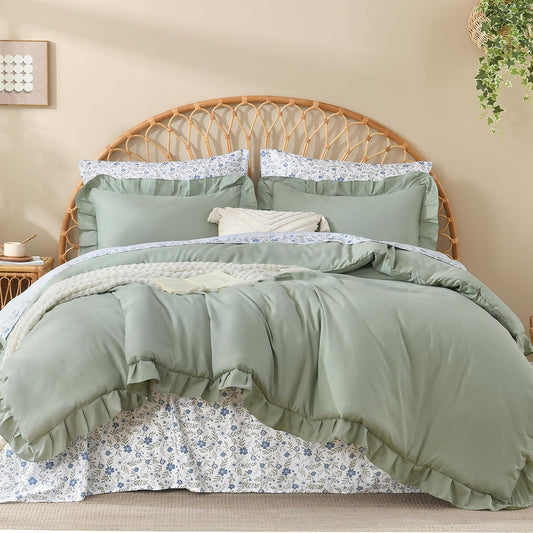 Litanika 7Pcs Full Ruffled Sage Green Comforter Set with Floral Sheets