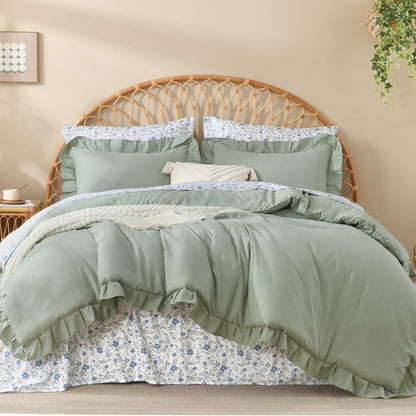 Litanika 7Pcs Full Ruffled Sage Green Comforter Set with Floral Sheets