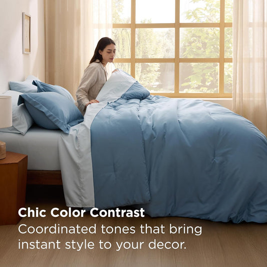 Bedsure Queen Bed in a Bag Grayish Blue Comforter Set Dual-Tone 7 Pieces