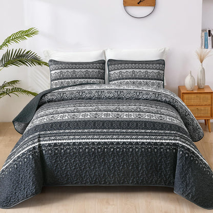 WONGS BEDDING Boho King Quilt Bedding Set, 3 Pieces Soft Bedspread,Blue