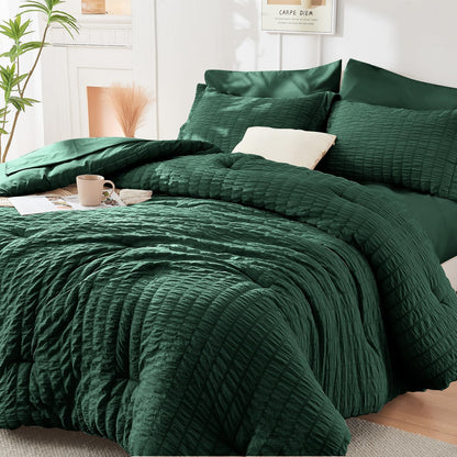 King Comforter Set - 7PCS Bed in a Bag, Seersucker Bedding Set, Dark Grey