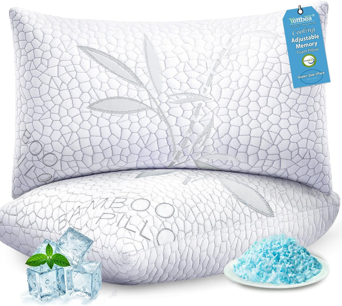Yettbea Bamboo Cooling Shredded Memory Foam Bed Pillows Queen Size Set of 2