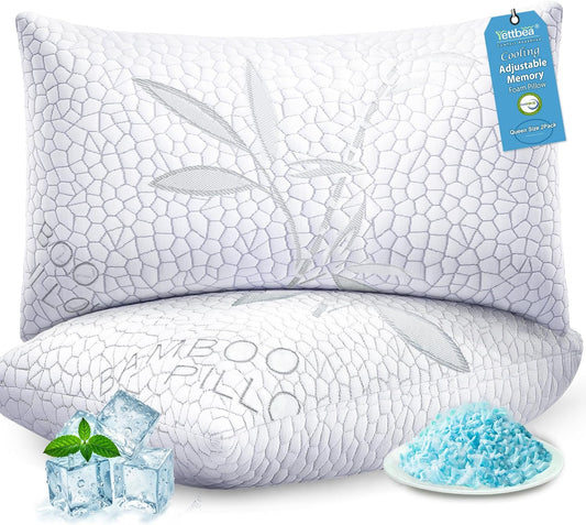 Yettbea Bamboo Cooling Shredded Memory Foam Bed Pillows Queen Size Set of 2