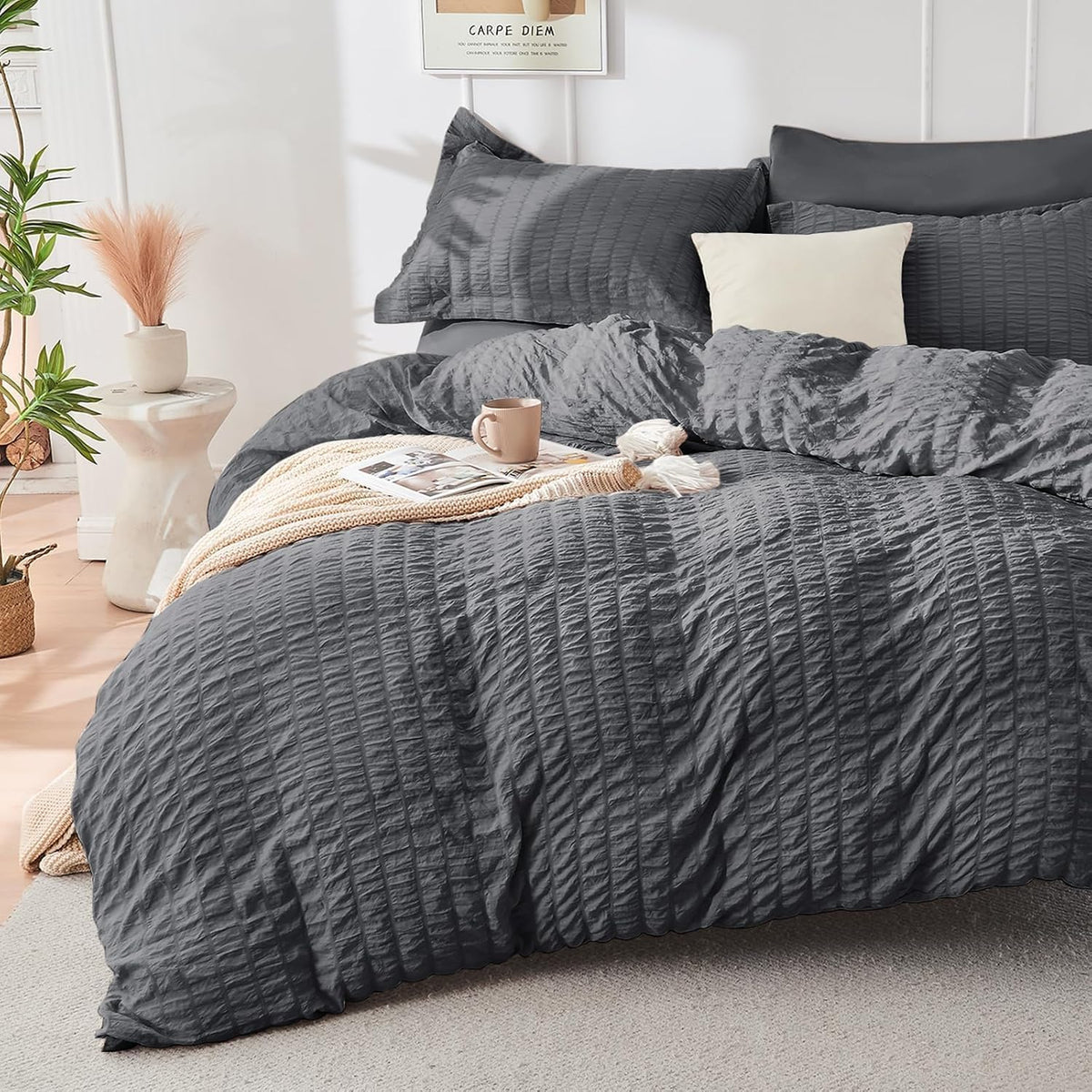 Queen Comforter Set - 7PCS Bed in a Bag, Seersucker Bedding Set, Dark Grey