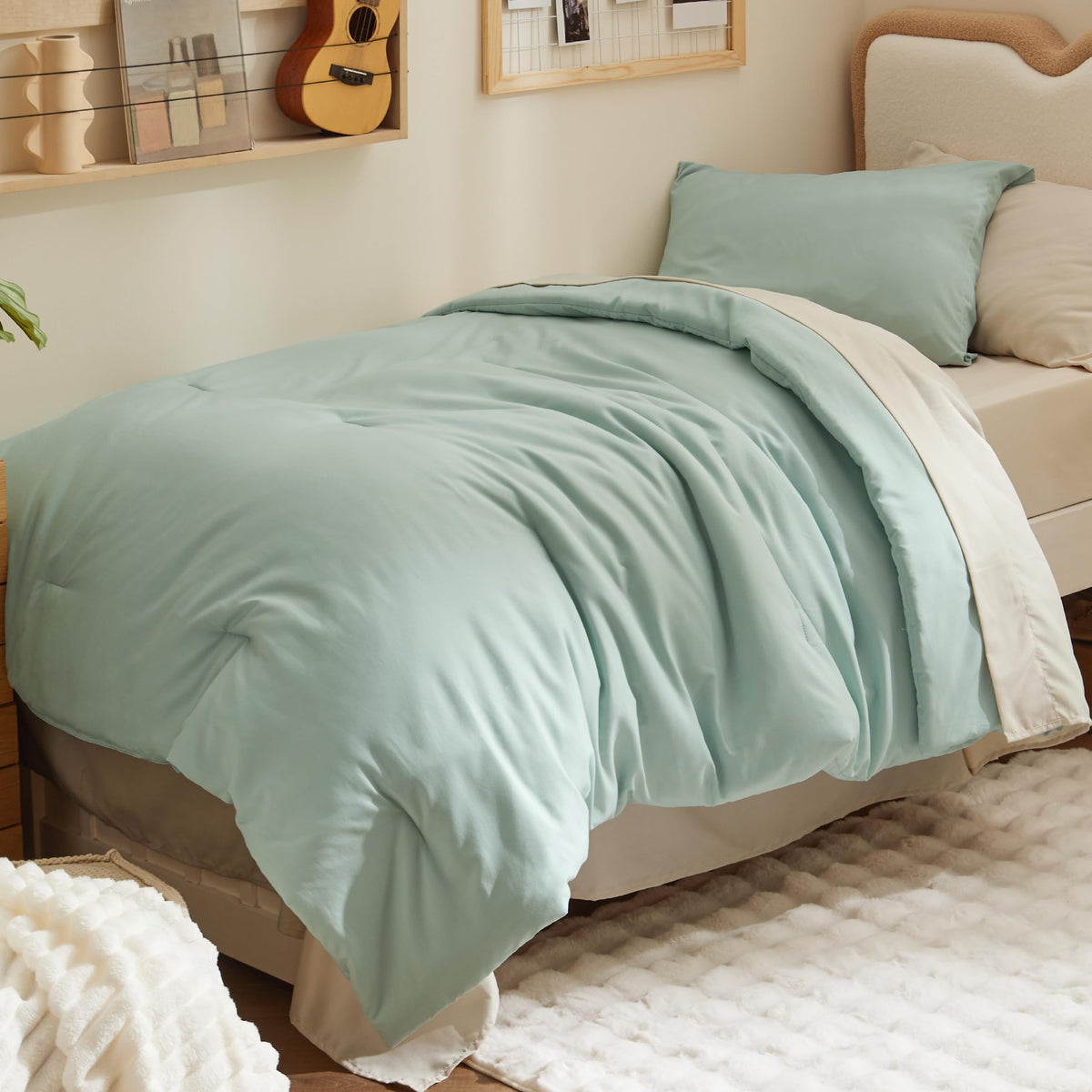 Bedsure Queen Bed in a Bag Grayish Blue Comforter Set Dual-Tone 7 Pieces