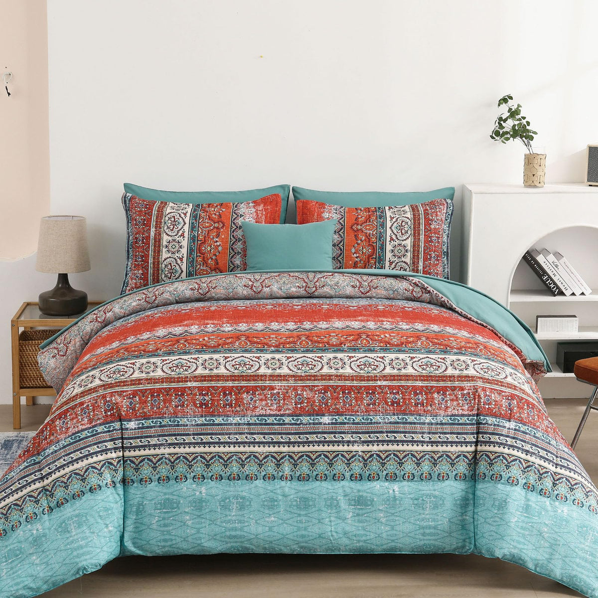 Cottolester Boho Comforter Set Queen Size 8 Piece Bed in a Bag Bohemian Striped Bedding Quilt Set Aqua Paisley Floral Comforter and Sheet Set,Soft Microfiber Complete Bedding Sets for All Season