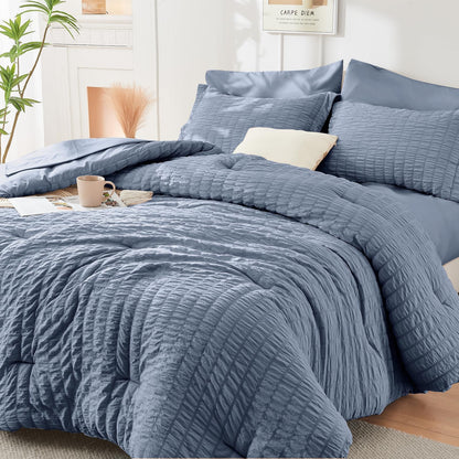 Queen Comforter Set - 7PCS Bed in a Bag, Seersucker Bedding Set, Dark Grey