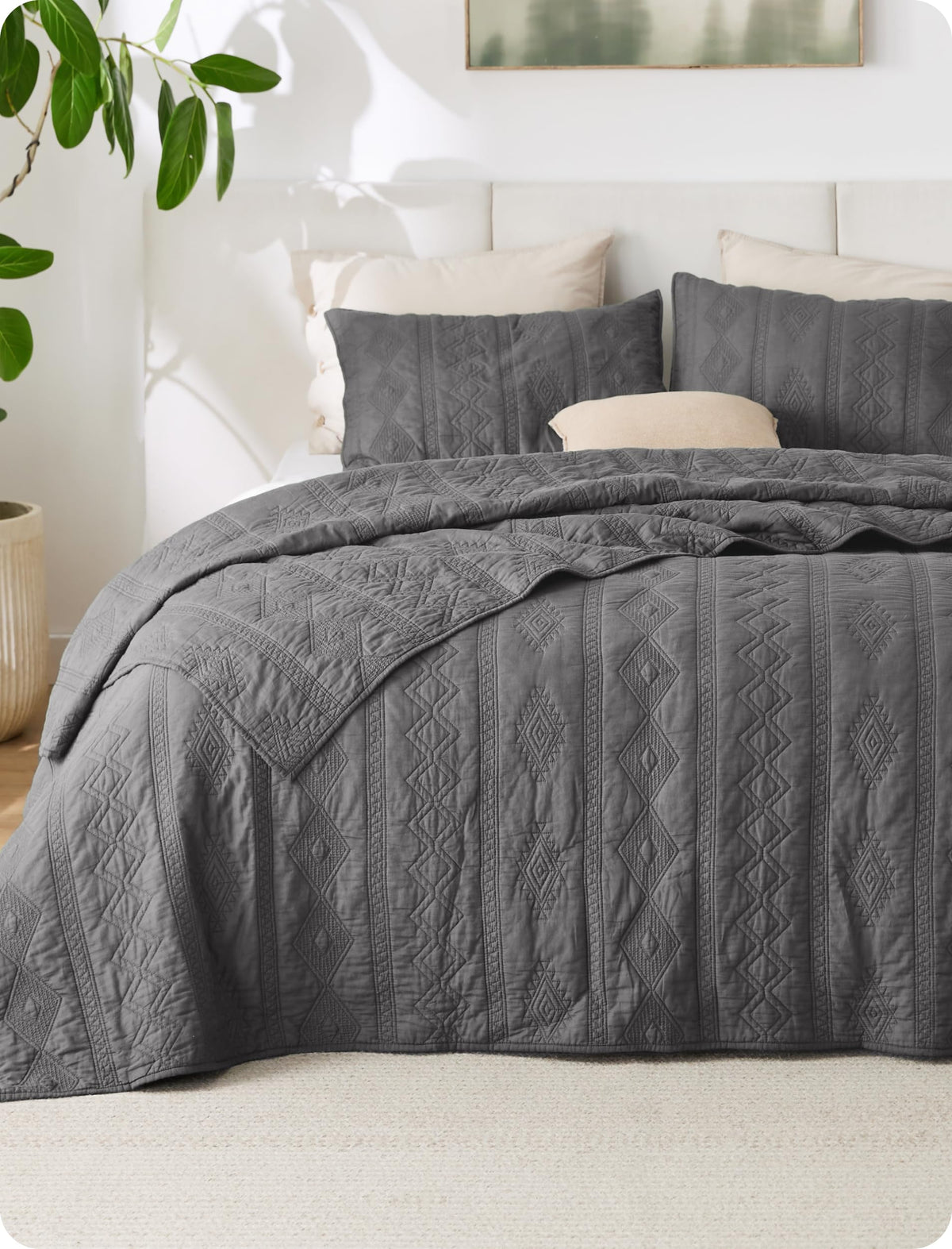 Bedsure PureWoven 100% Cotton Quilt Set Queen Size, Embroidery, Linen Beige