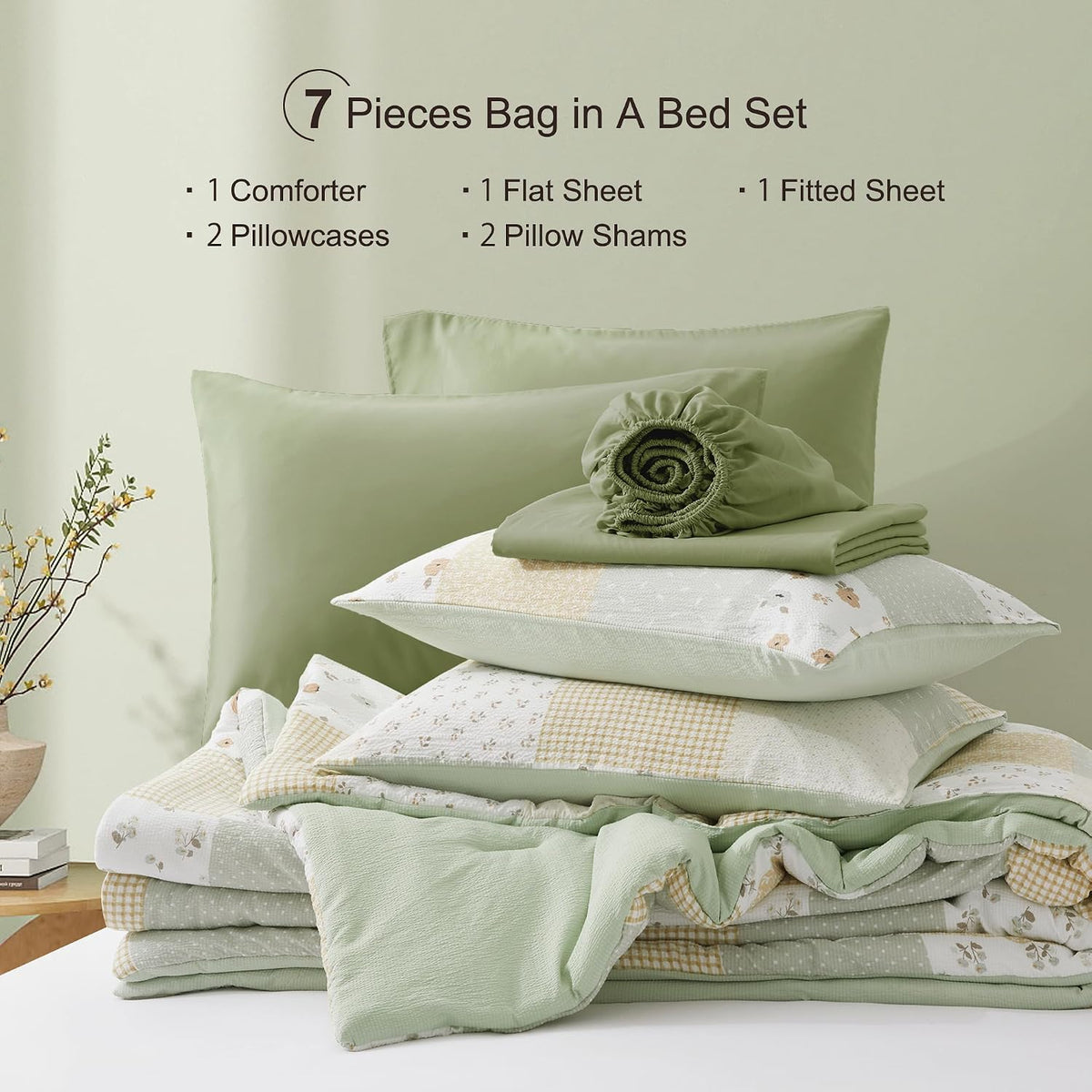 Oli Anderson Queen Comforter Set, 7 Pieces Bed in a Bag, Light Green