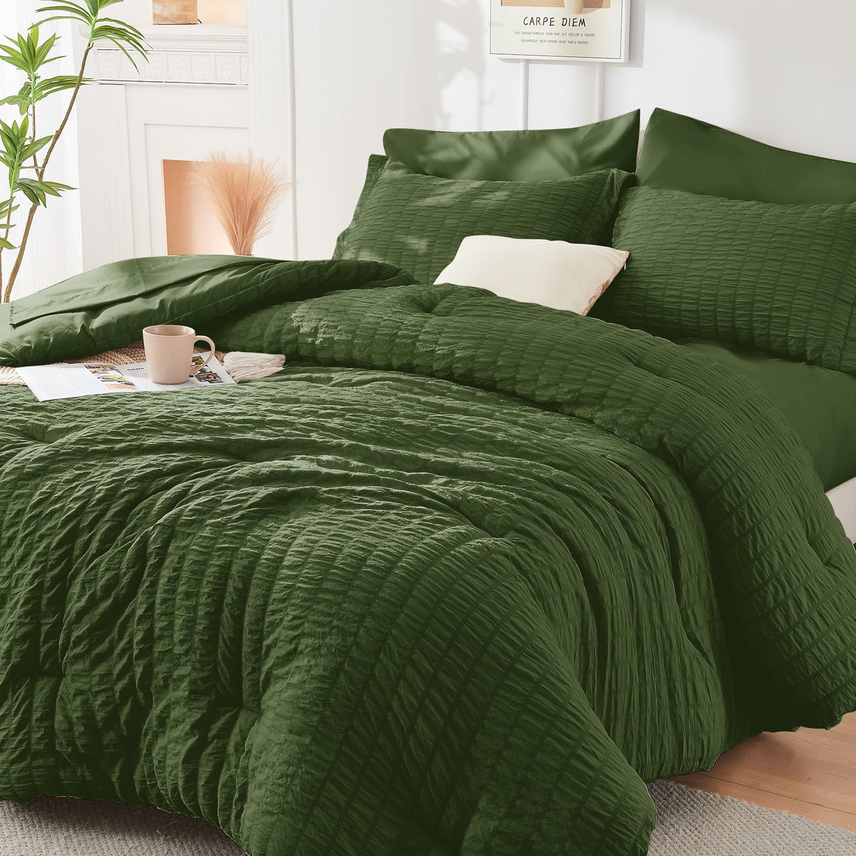 Queen Comforter Set - 7PCS Bed in a Bag, Seersucker Bedding Set, Dark Grey