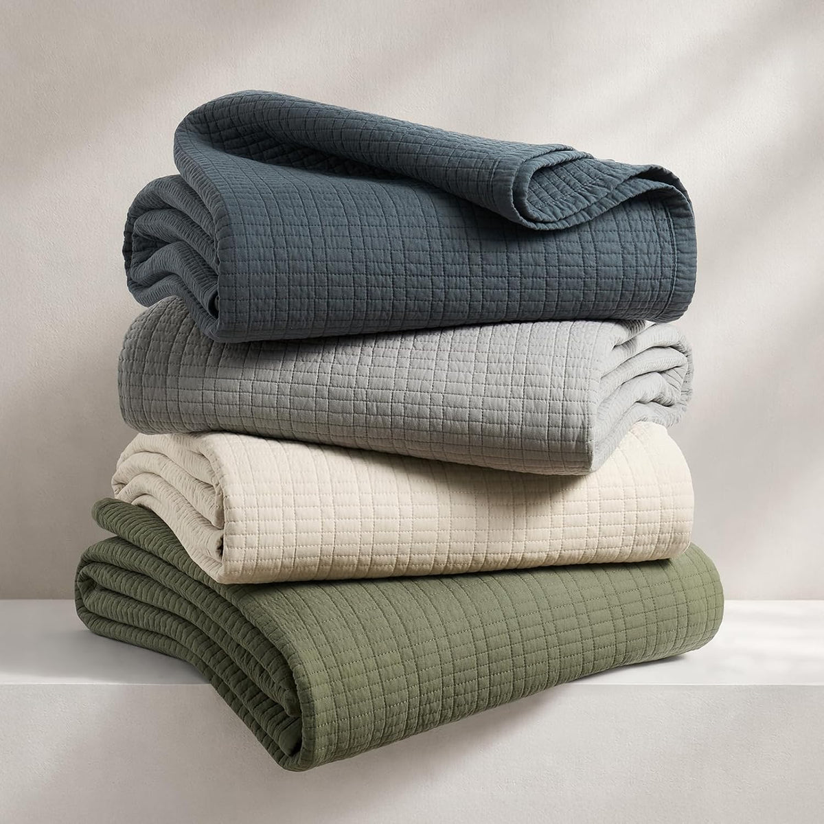 EverGrace 100% Cotton Modern Grid Stitch Quilt Set, King Size, Birch